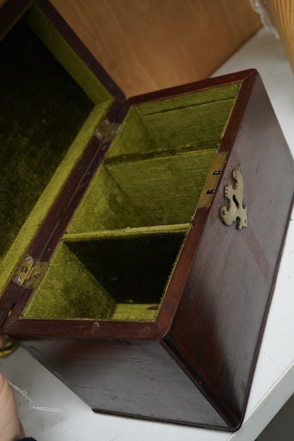 A three division Georgian mahogany tea caddy, 24cm x 15cm. Condition - top edge to lid missing, cellotape mark to front panel